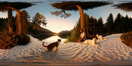 Aboy sitting with a white cat cat got brown color f tail and head Lake trees 