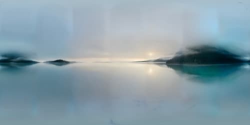 Moonlit foggy lake, VR360 masterpiece, ultra high-res, peak winter. Foggy mist swirling around mountain contours, evergreen forest canvas. Moon's ethereal glow piercing fog, amorphous reflections on icy lake. Grandeur, ghostly impressionist style, VR360 panorama. Pristine beauty, elusive quality, night canvas bathed in soft